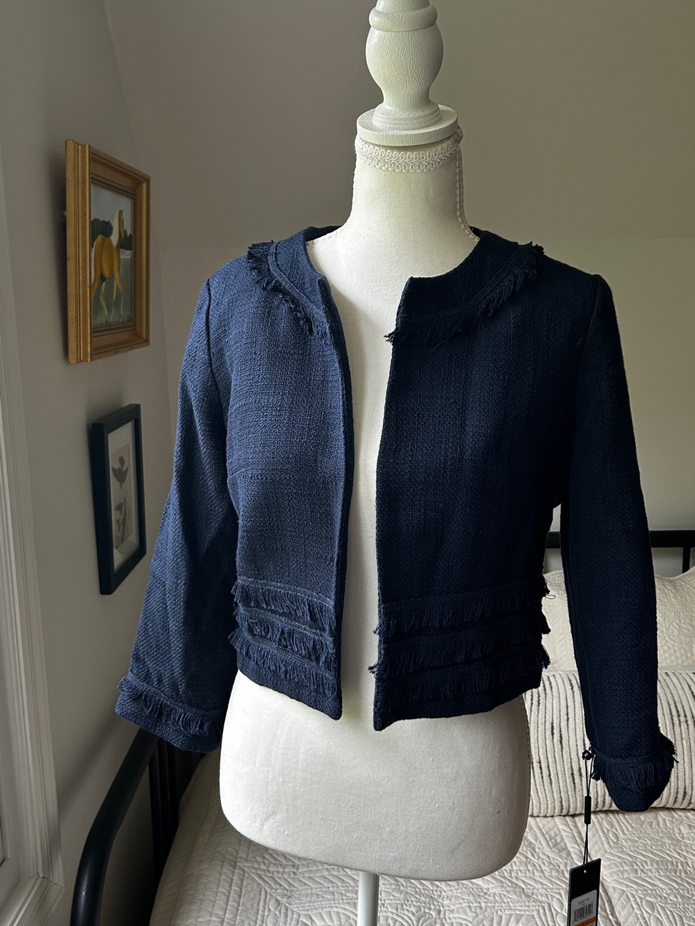 Karl Lagerfeld Navy Tweed Cropped Fringe-Trim Blazer